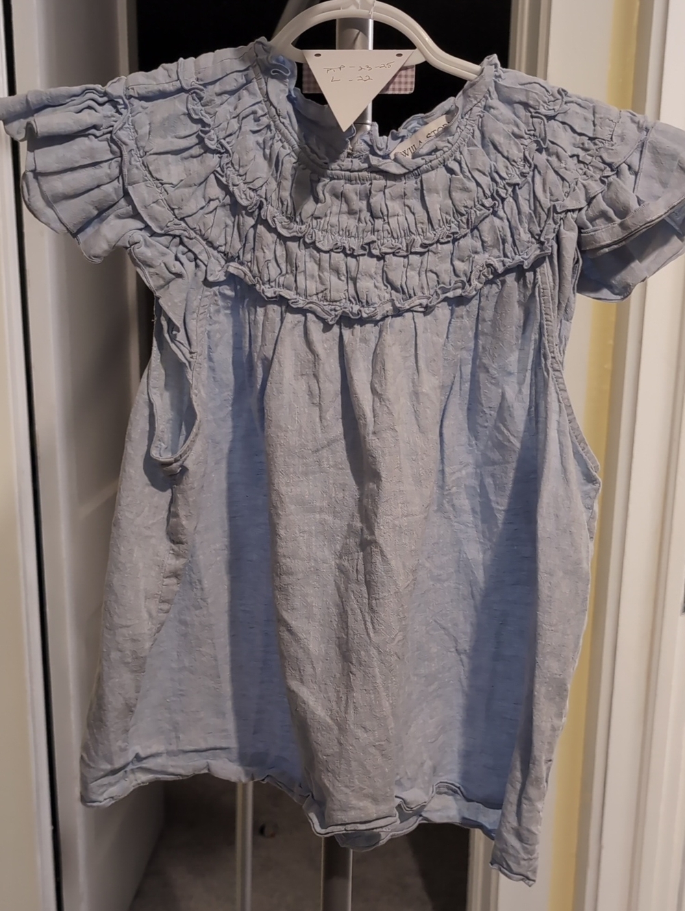 Willa Story Ruffled Yoke Short Sleeve Top in Light Blue